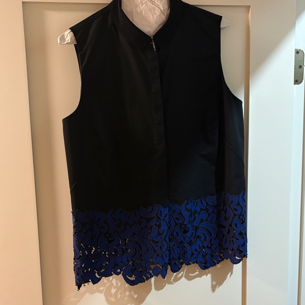 Tahari sleeveless cotton top with vibrant blue lace trim